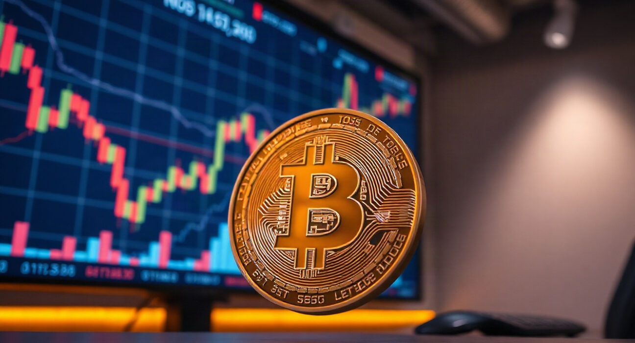 Bitcoin coin in front of a trading chart, symbolizing price movement above $81,000.