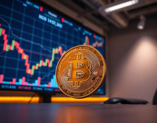 Bitcoin coin in front of a trading chart, symbolizing price movement above $81,000.