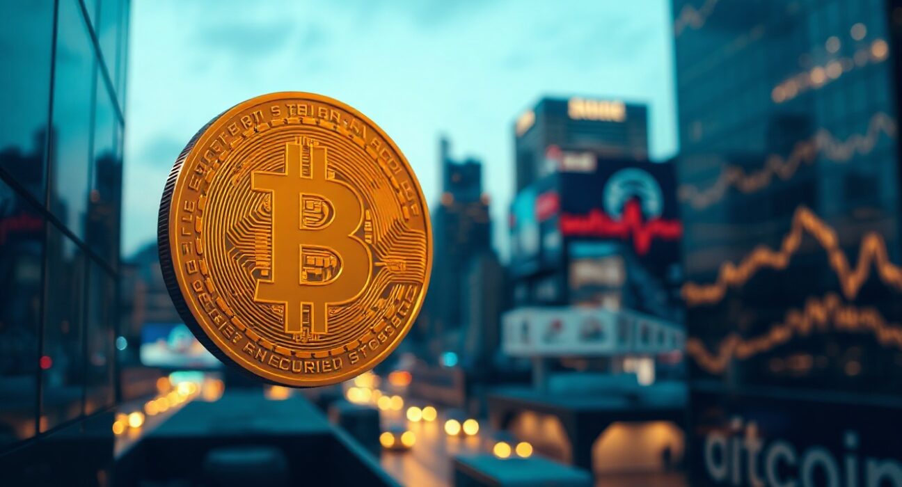 Bitcoin coin symbol in foreground with blurred city skyline background representing financial markets