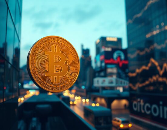Bitcoin coin symbol in foreground with blurred city skyline background representing financial markets
