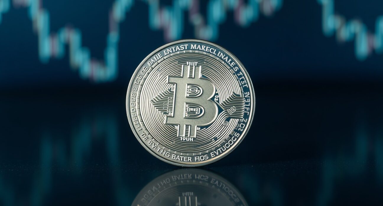 Bitcoin SV (BSV) coin on a dark surface with digital chart background.