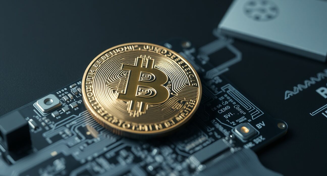 Bitcoin SV coin on a circuit board representing blockchain technology and price analysis.