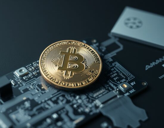 Bitcoin SV coin on a circuit board representing blockchain technology and price analysis.