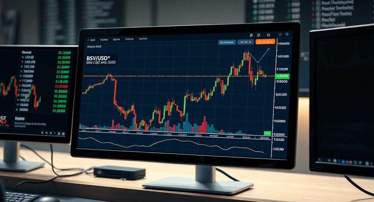 Bitcoin SV price chart showing upward momentum approaching the 200-day EMA on a trading screen