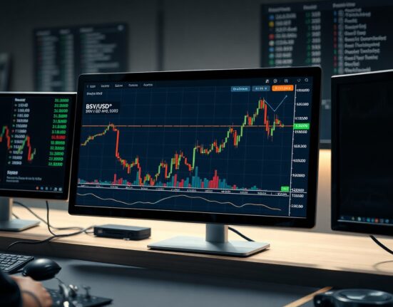 Bitcoin SV price chart showing upward momentum approaching the 200-day EMA on a trading screen