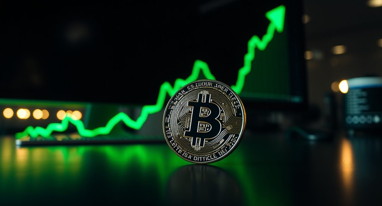 Bitcoin coin on a dark surface with a glowing green upward trend line, representing a bullish price target analysis.