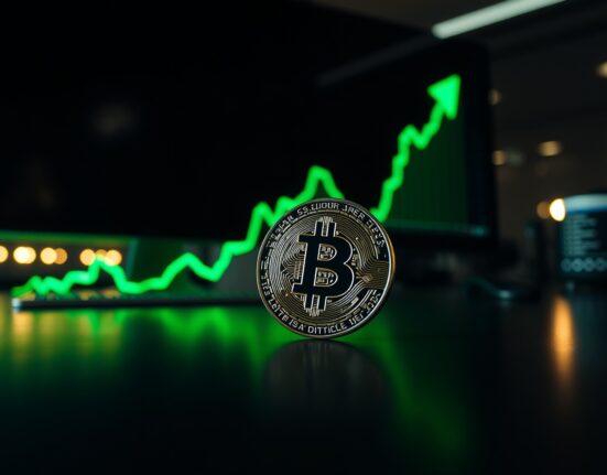 Bitcoin coin on a dark surface with a glowing green upward trend line, representing a bullish price target analysis.