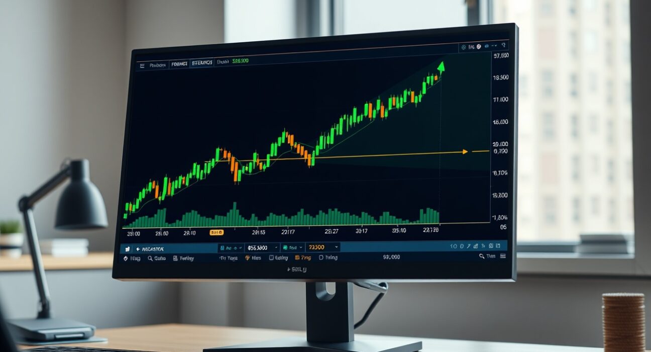 Bitcoin price chart showing bullish breakout toward the $85,900 target on a financial analyst's screen.
