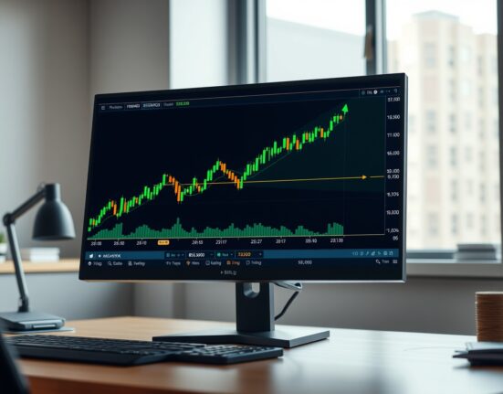 Bitcoin price chart showing bullish breakout toward the $85,900 target on a financial analyst's screen.