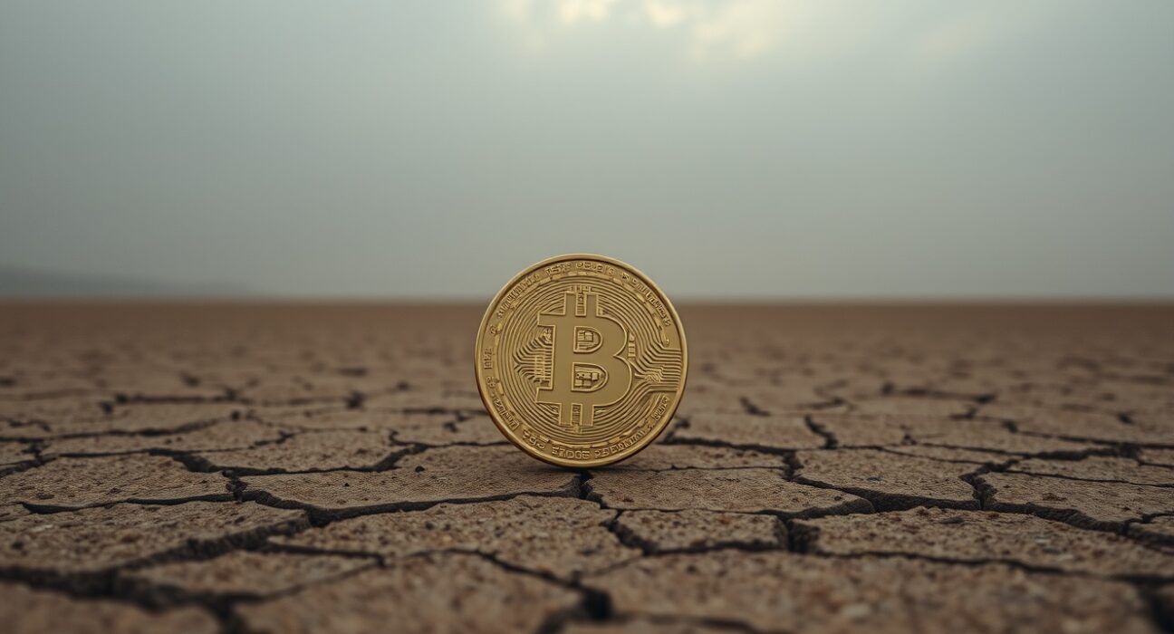 Bitcoin coin on cracked desert floor under overcast sky symbolizing fragile market rebound
