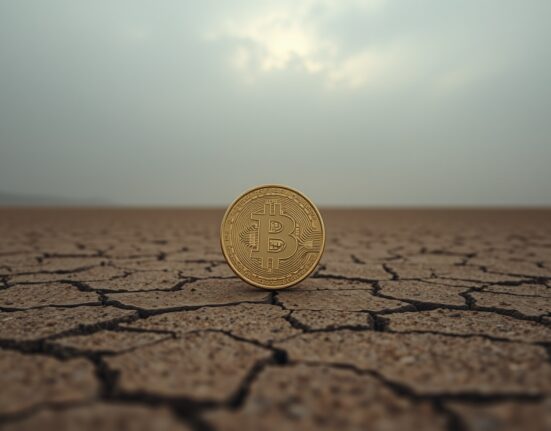 Bitcoin coin on cracked desert floor under overcast sky symbolizing fragile market rebound