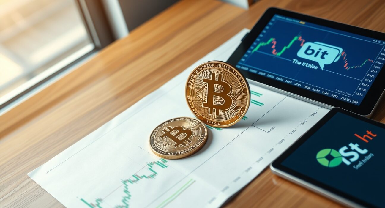 Bitcoin coin on financial chart with green candlesticks and 200-day moving average, representing improving Bitcoin technicals and market analysis by BIT.
