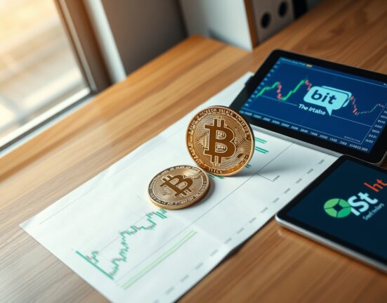 Bitcoin coin on financial chart with green candlesticks and 200-day moving average, representing improving Bitcoin technicals and market analysis by BIT.