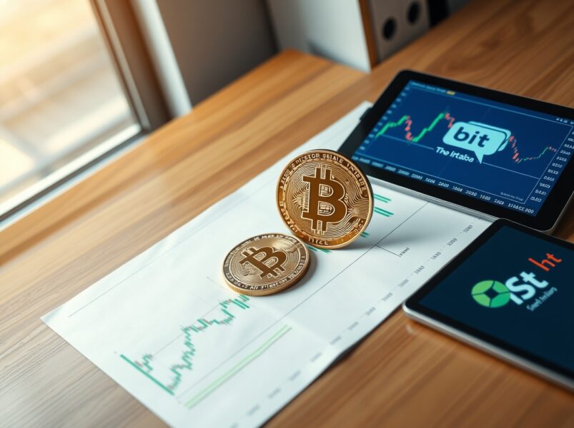 Bitcoin coin on financial chart with green candlesticks and 200-day moving average, representing improving Bitcoin technicals and market analysis by BIT.