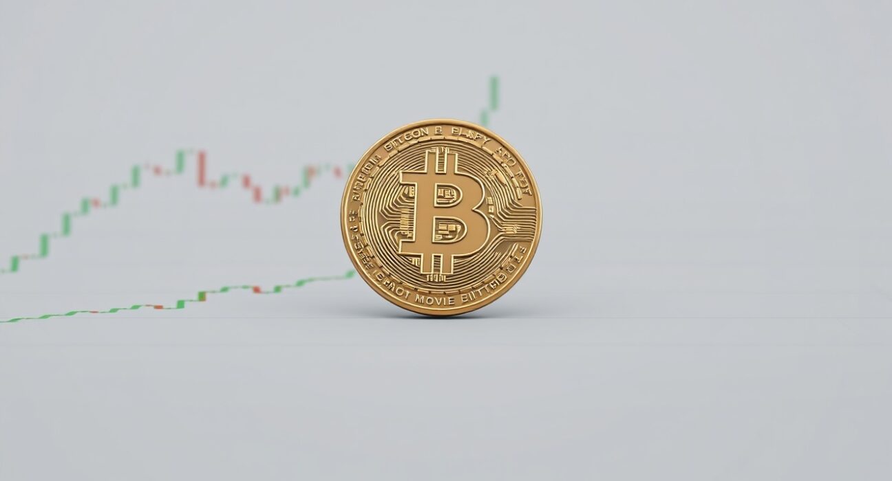 Bitcoin coin resting on a financial chart illustrating the 100-day moving average support level at $72,000.
