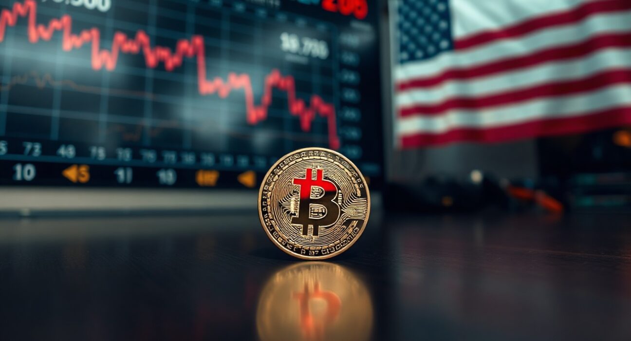 Bitcoin coin on dark table with blurred stock ticker showing red decline