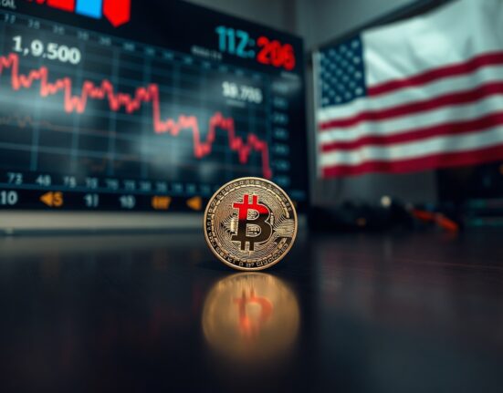 Bitcoin coin on dark table with blurred stock ticker showing red decline