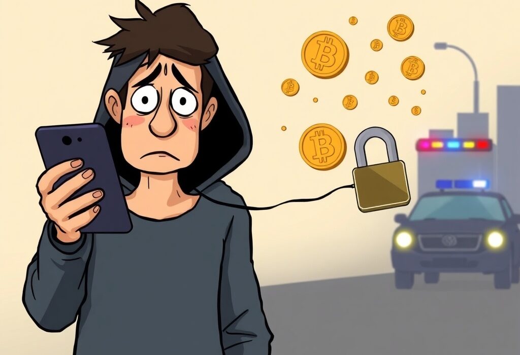 Cartoon illustration showing the impact of a Bitcoin theft, with a victim's digital assets being stolen and police investigating the cybercrime.