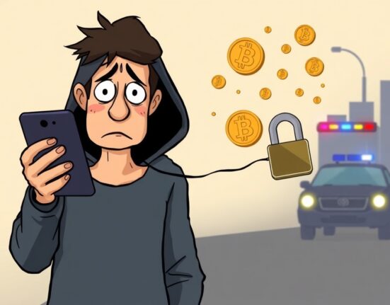 Cartoon illustration showing the impact of a Bitcoin theft, with a victim's digital assets being stolen and police investigating the cybercrime.
