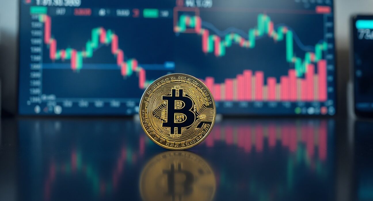 Bitcoin coin on reflective surface with stock chart in background