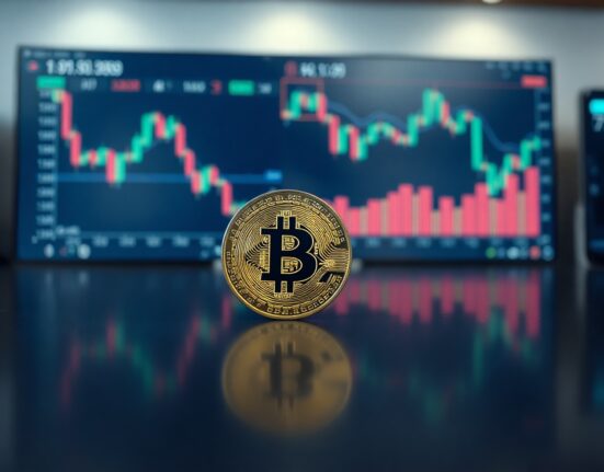 Bitcoin coin on reflective surface with stock chart in background