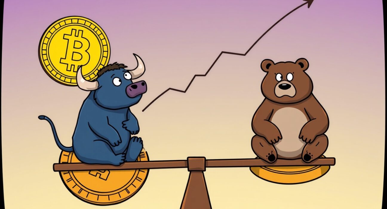 A cartoon bull and bear on a Bitcoin seesaw, illustrating key market signals for Bitcoin this week.