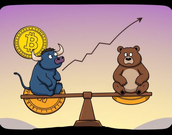 A cartoon bull and bear on a Bitcoin seesaw, illustrating key market signals for Bitcoin this week.