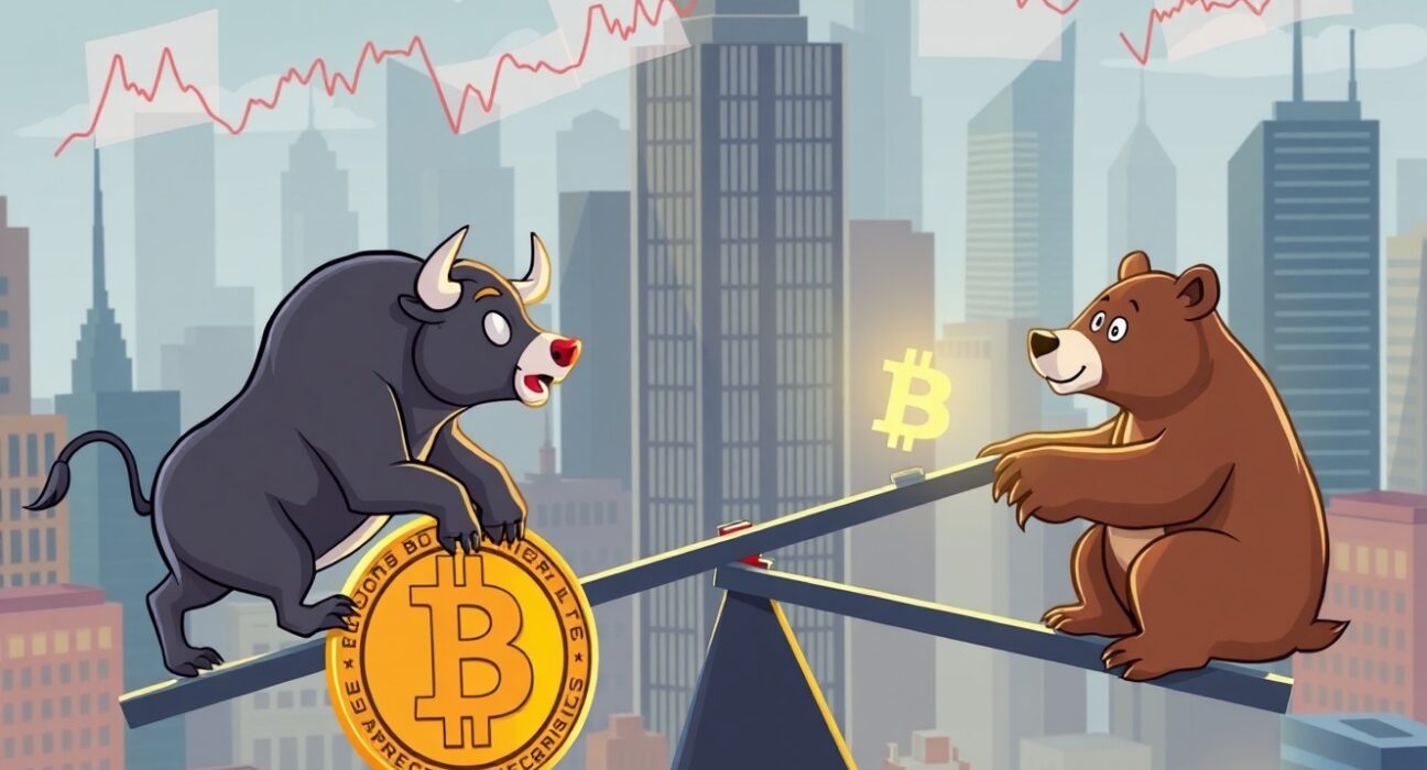 A cartoon illustration showing key Bitcoin this week factors influencing market volatility between bull and bear forces.