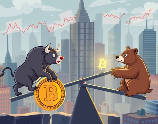 A cartoon illustration showing key Bitcoin this week factors influencing market volatility between bull and bear forces.