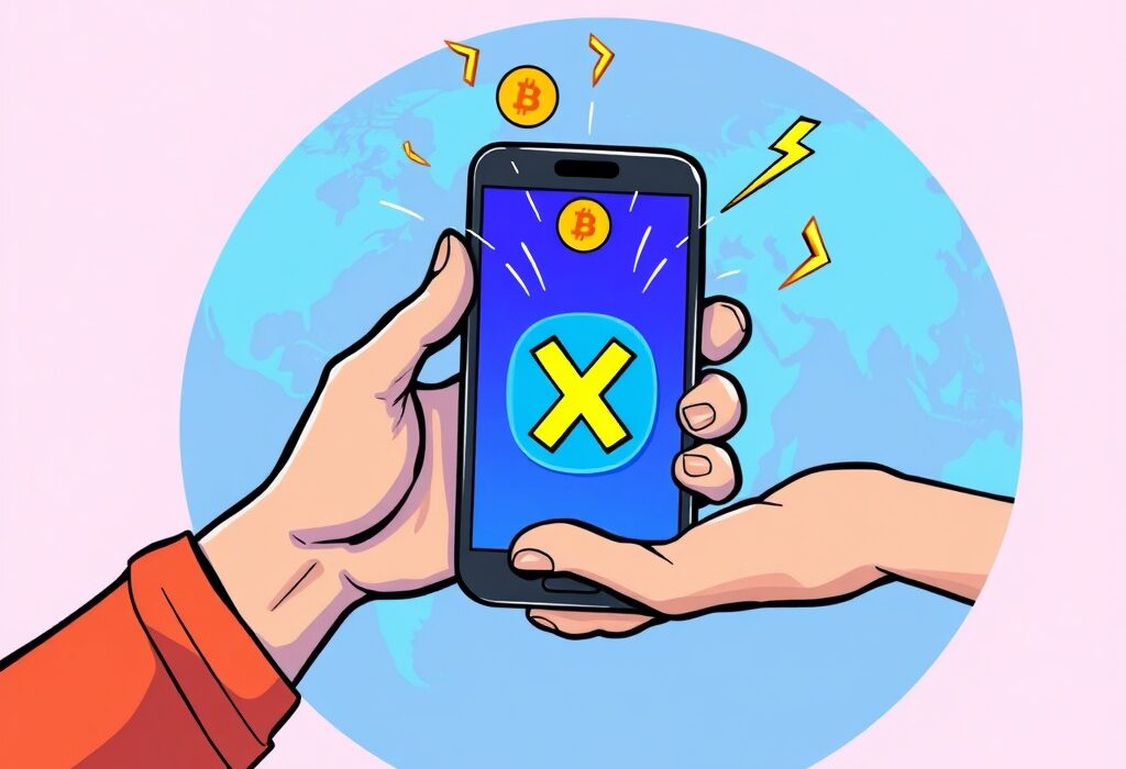 Cartoon illustration showing seamless Bitcoin tipping on X, highlighting instant global payments via Lightning Network.