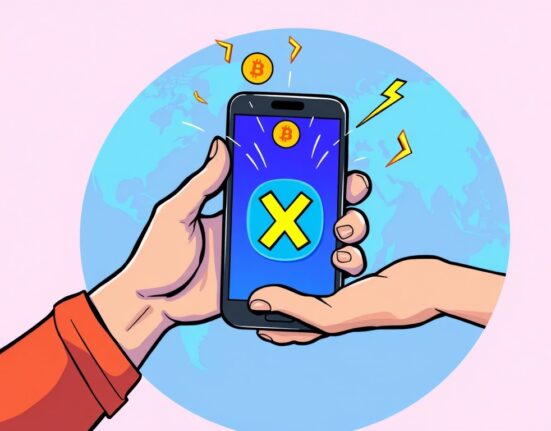 Cartoon illustration showing seamless Bitcoin tipping on X, highlighting instant global payments via Lightning Network.