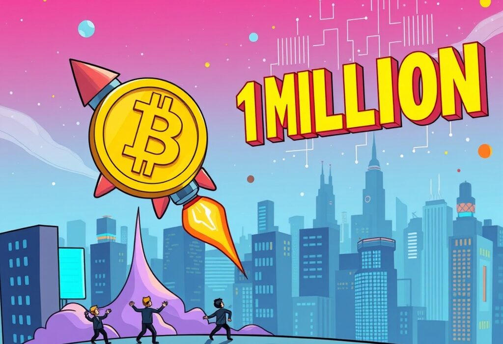A cartoon image illustrating the concept of Bitcoin to $1M by 2030, representing ambitious growth and future potential.