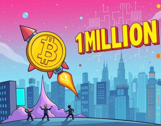 A cartoon image illustrating the concept of Bitcoin to $1M by 2030, representing ambitious growth and future potential.