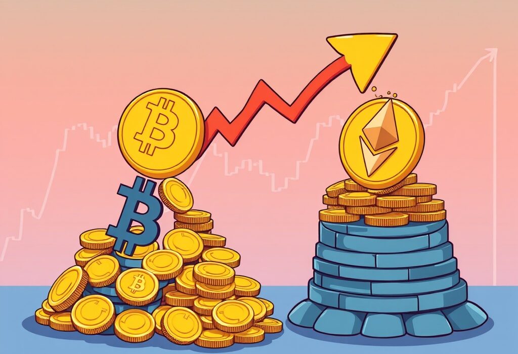 A vibrant cartoon illustrating new capital flowing into Ether, with Bitcoin to Ether funds remaining stable, debunking rotation myths.