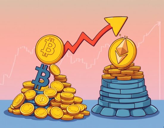 A vibrant cartoon illustrating new capital flowing into Ether, with Bitcoin to Ether funds remaining stable, debunking rotation myths.