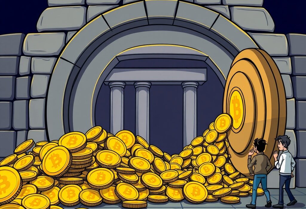 Cartoon illustration showing Bitcoin flowing into exchanges, representing the significant movement of Bitcoin to exchanges and potential market impact.