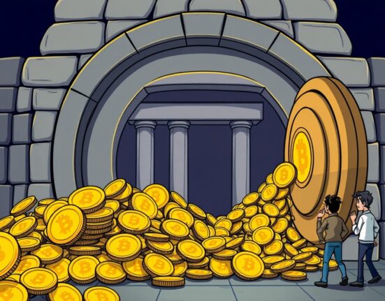 Cartoon illustration showing Bitcoin flowing into exchanges, representing the significant movement of Bitcoin to exchanges and potential market impact.