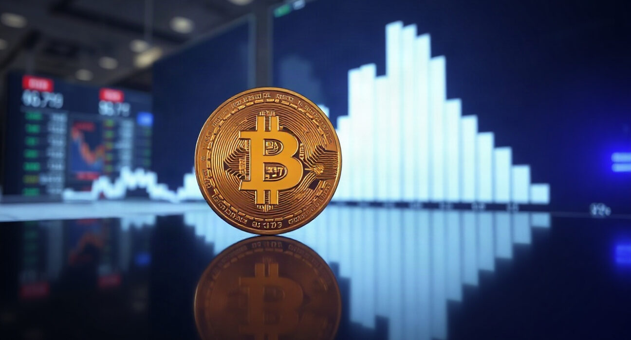 Bitcoin coin with upward price chart in background, symbolizing recent price surge above $80,000