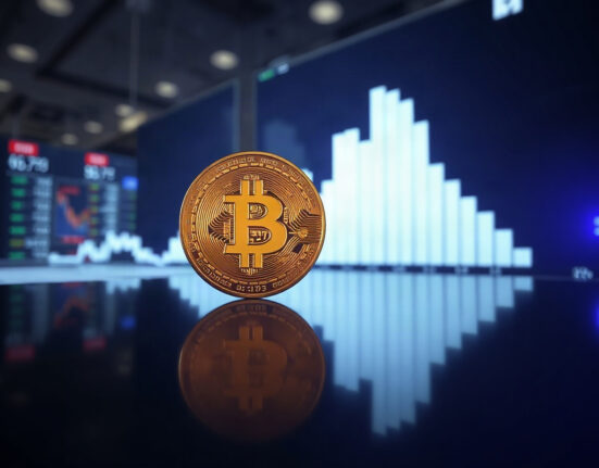 Bitcoin coin with upward price chart in background, symbolizing recent price surge above $80,000