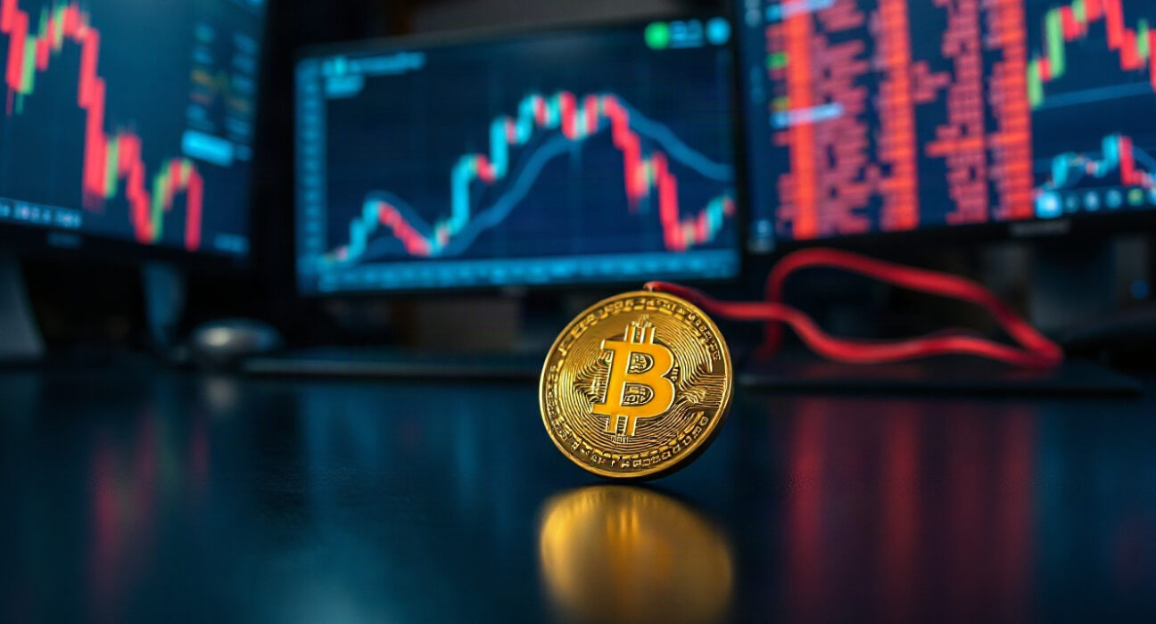 Bitcoin coin in foreground with blurred financial charts in background