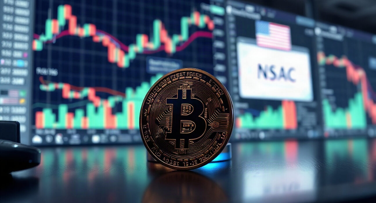 Bitcoin coin on reflective surface with financial charts in background