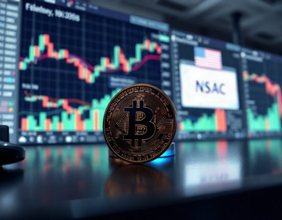 Bitcoin coin on reflective surface with financial charts in background