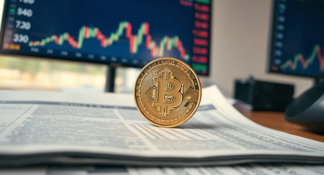 Bitcoin coin on financial newspaper with rising bond yield chart in background