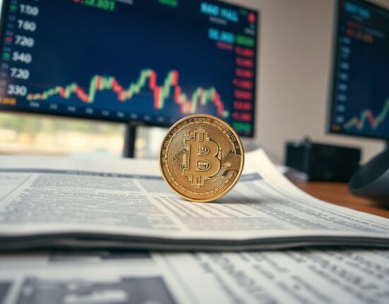 Bitcoin coin on financial newspaper with rising bond yield chart in background
