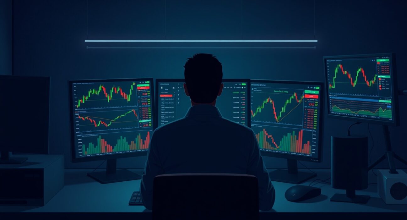 Bitcoin price charts on trading monitors in a dark office, representing leveraged crypto trading.
