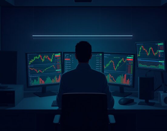 Bitcoin price charts on trading monitors in a dark office, representing leveraged crypto trading.