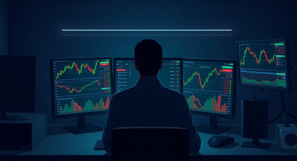 Bitcoin price charts on trading monitors in a dark office, representing leveraged crypto trading.