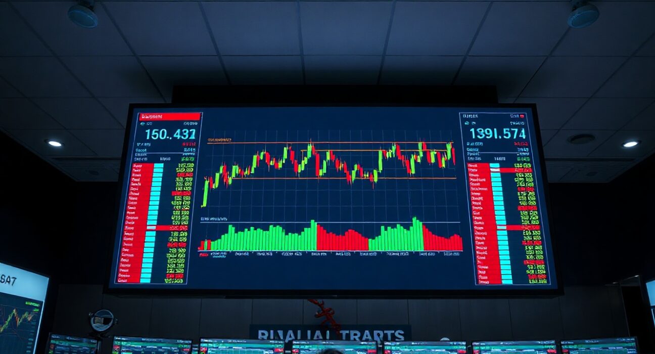 Digital trading screen showing cryptocurrency charts with mixed red and green indicators on a modern trading floor.