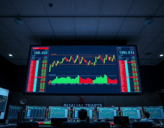 Digital trading screen showing cryptocurrency charts with mixed red and green indicators on a modern trading floor.