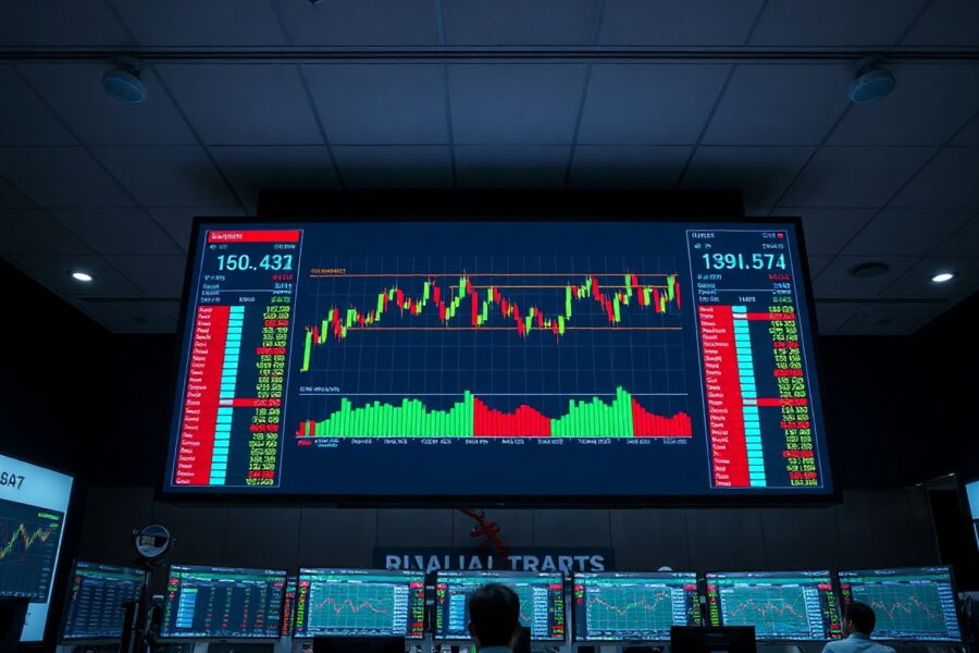 Digital trading screen showing cryptocurrency charts with mixed red and green indicators on a modern trading floor.